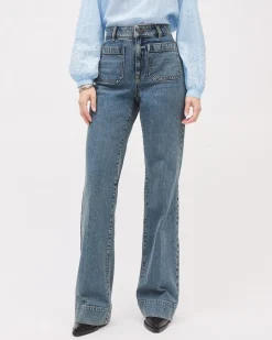Long Medium-Wash High-Waisted Wide-Leg Jeans