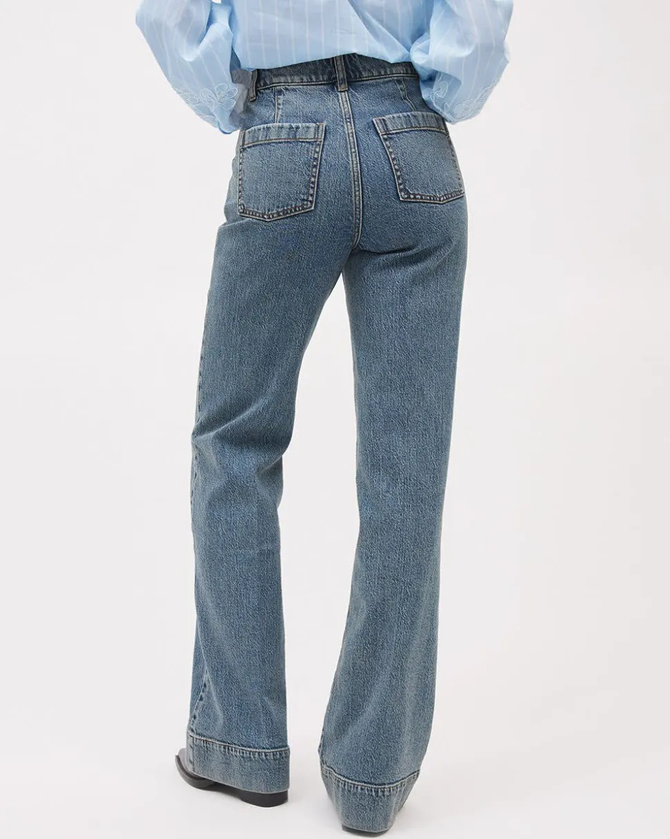 Long Medium-Wash High-Waisted Wide-Leg Jeans