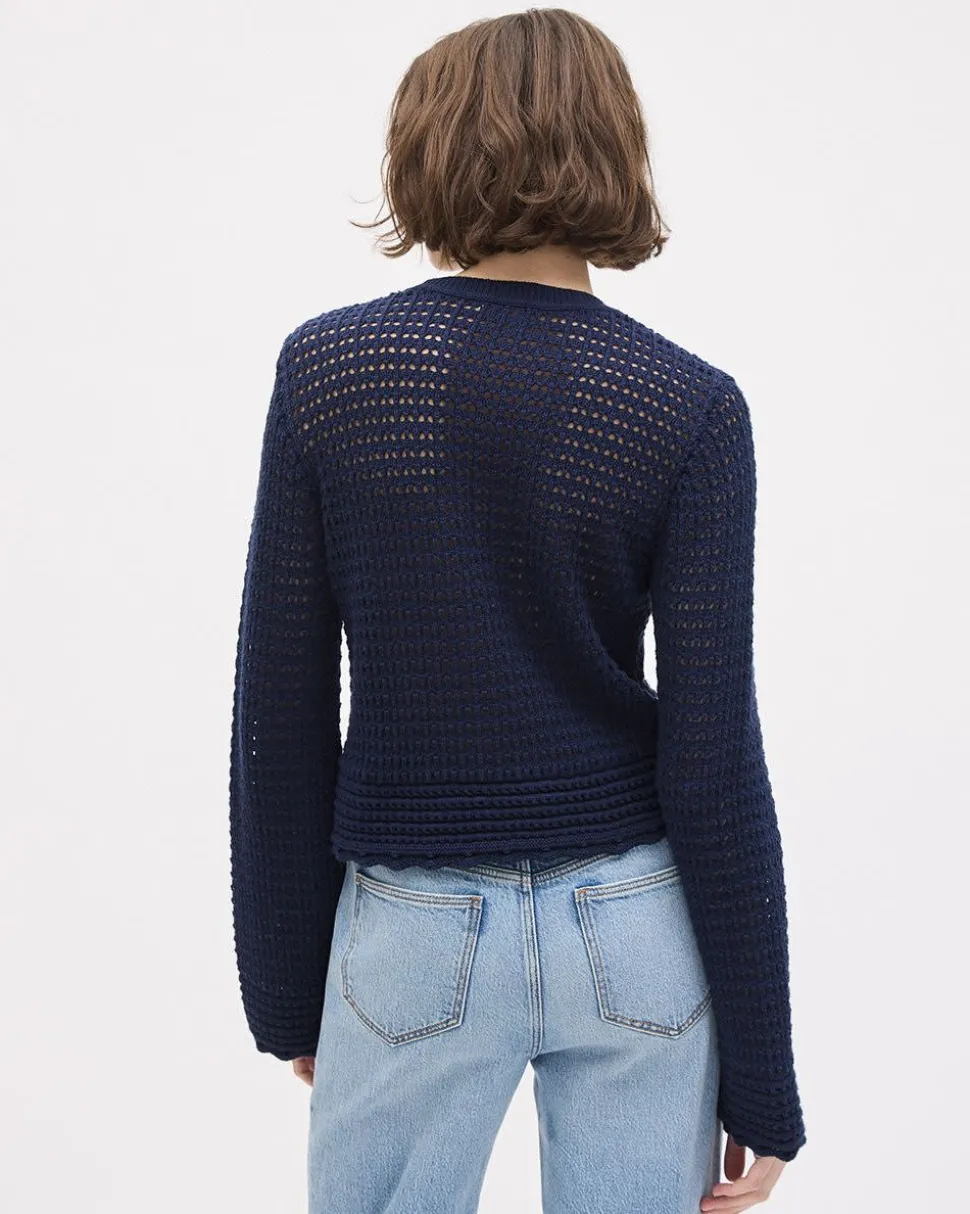 Long-Bell-Sleeve Crew-Neck Sweater with Pointelle Stitches