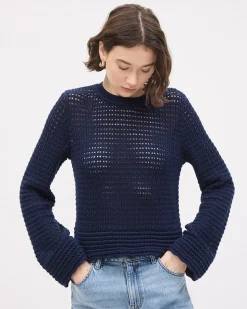 Long-Bell-Sleeve Crew-Neck Sweater with Pointelle Stitches