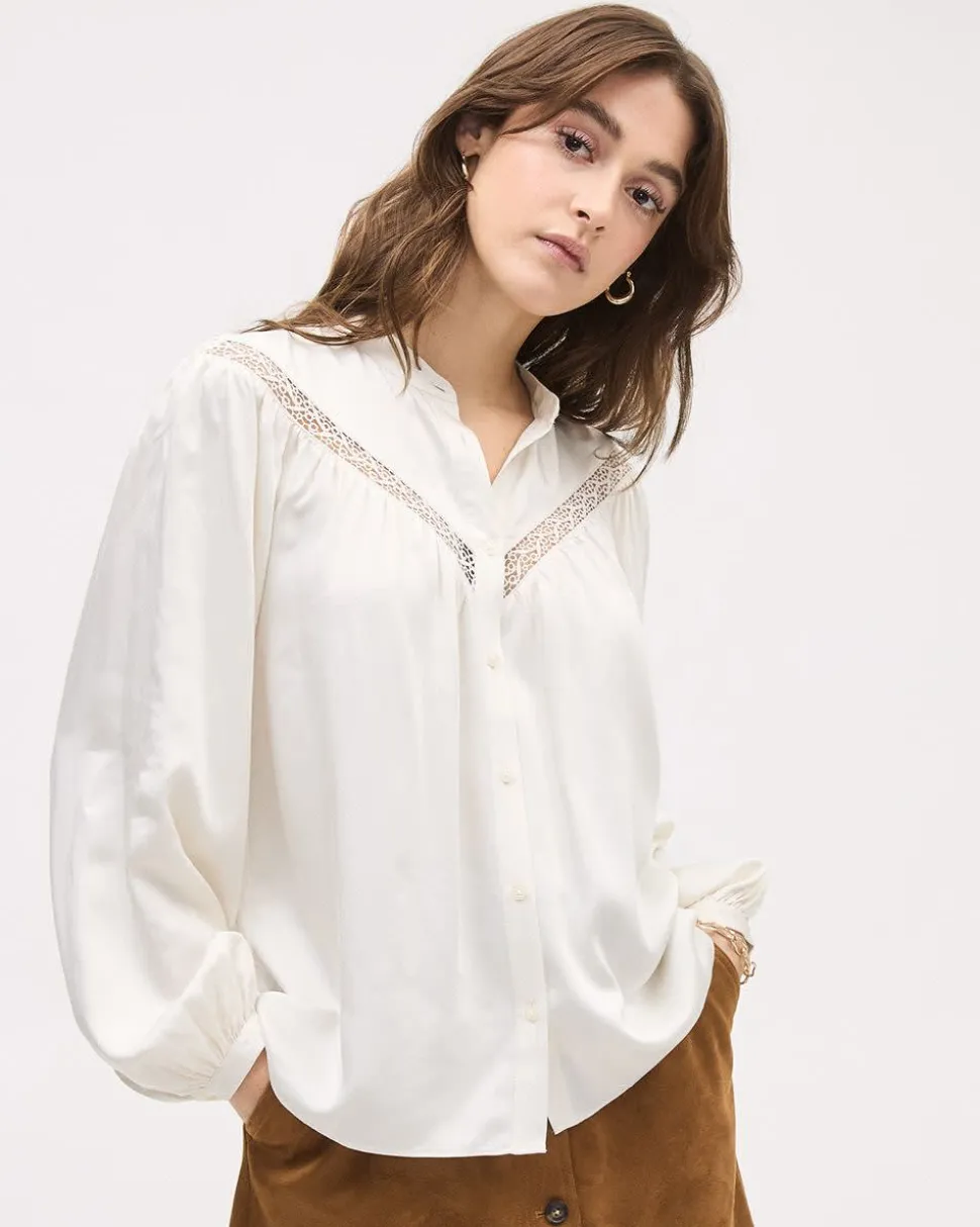 Long-Puffy-Sleeve Buttoned-Down Blouse with Eyelet Pattern