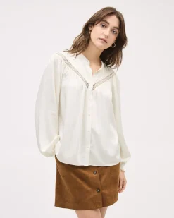 Long-Puffy-Sleeve Buttoned-Down Blouse with Eyelet Pattern
