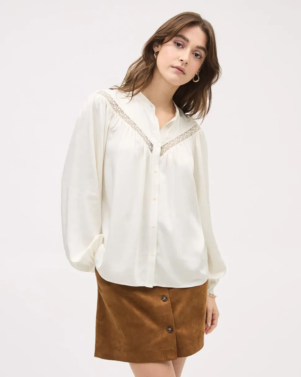 Long-Puffy-Sleeve Buttoned-Down Blouse with Eyelet Pattern