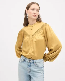 Long-Puffy-Sleeve Buttoned-Down Blouse with Eyelet Pattern