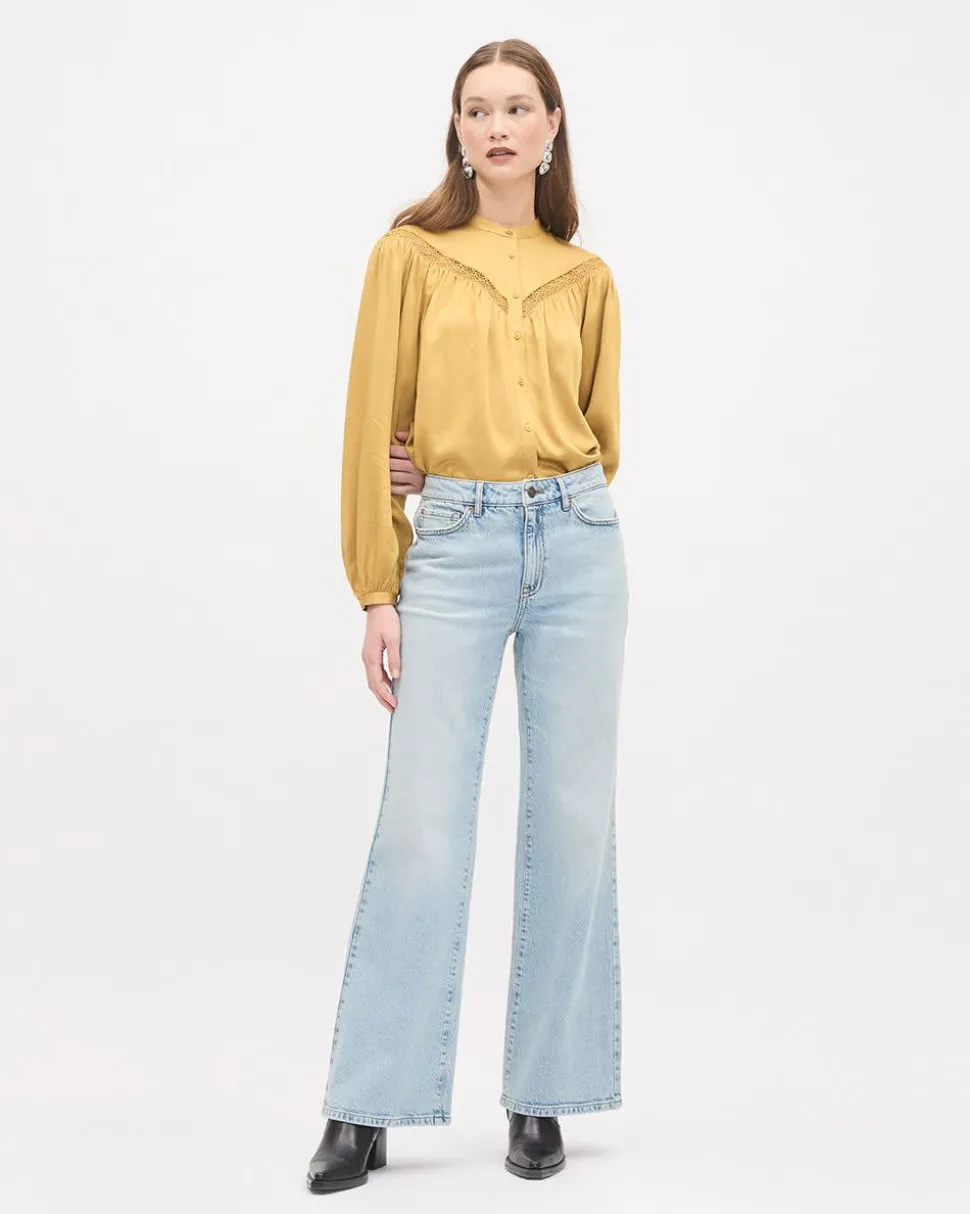 Long-Puffy-Sleeve Buttoned-Down Blouse with Eyelet Pattern