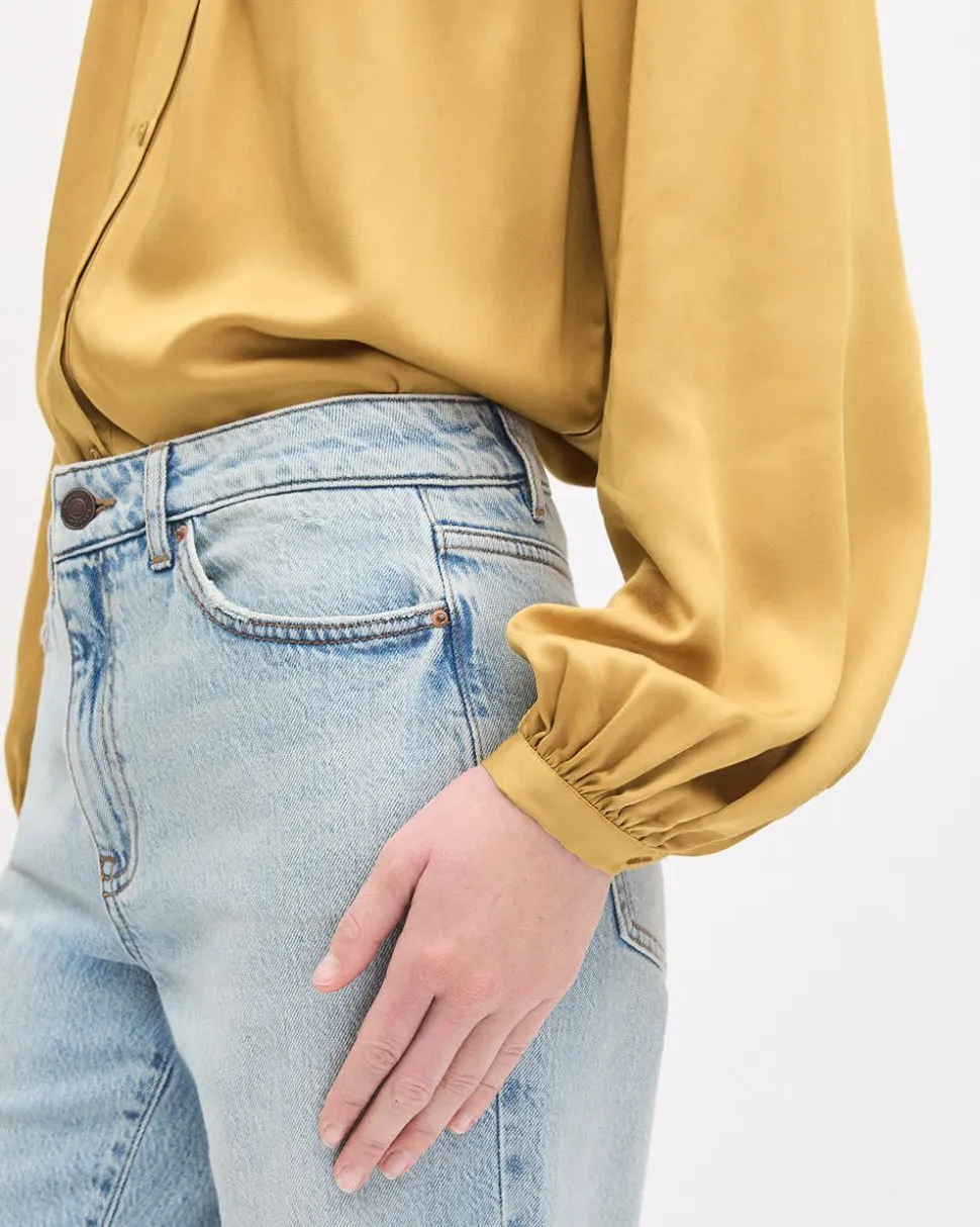 Long-Puffy-Sleeve Buttoned-Down Blouse with Eyelet Pattern
