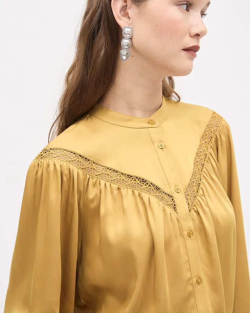 Long-Puffy-Sleeve Buttoned-Down Blouse with Eyelet Pattern