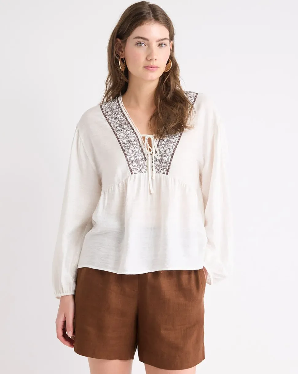 Long-Puffy-Sleeve V-Neck Blouse with Embroideries