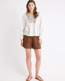 Long-Puffy-Sleeve V-Neck Blouse with Embroideries