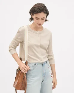 Long-Sleeve Crew-Neck Ribbed Buttoned-Down Top