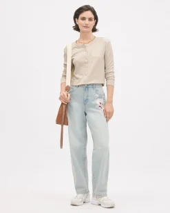 Long-Sleeve Crew-Neck Ribbed Buttoned-Down Top