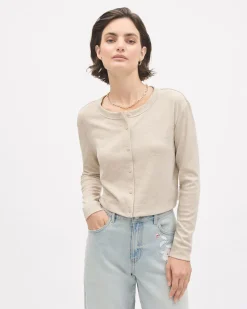 Long-Sleeve Crew-Neck Ribbed Buttoned-Down Top