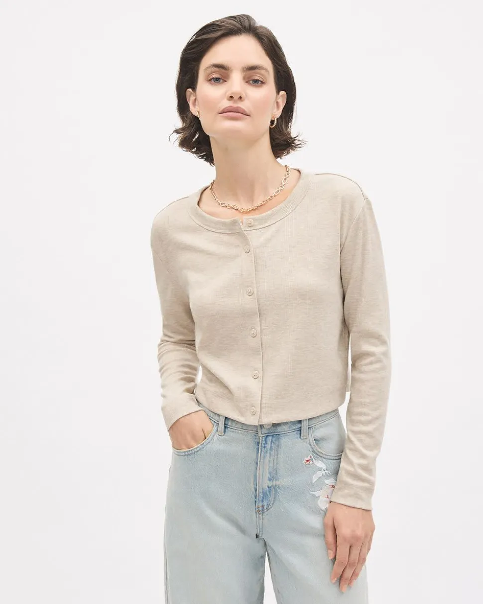 Long-Sleeve Crew-Neck Ribbed Buttoned-Down Top