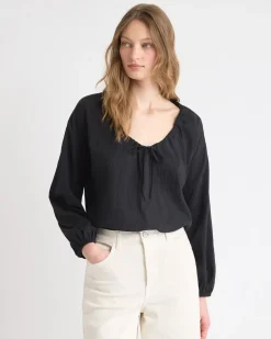 Long-Sleeve U-Neck Gauze Blouse