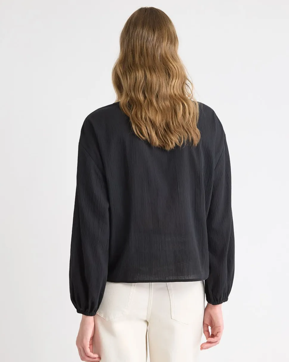 Long-Sleeve U-Neck Gauze Blouse
