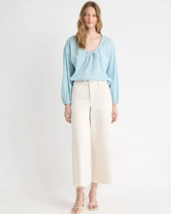 Long-Sleeve U-Neck Gauze Blouse