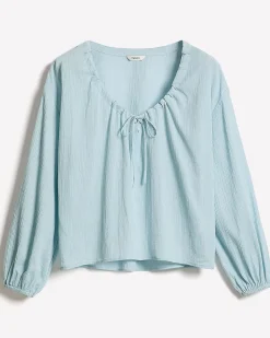 Long-Sleeve U-Neck Gauze Blouse