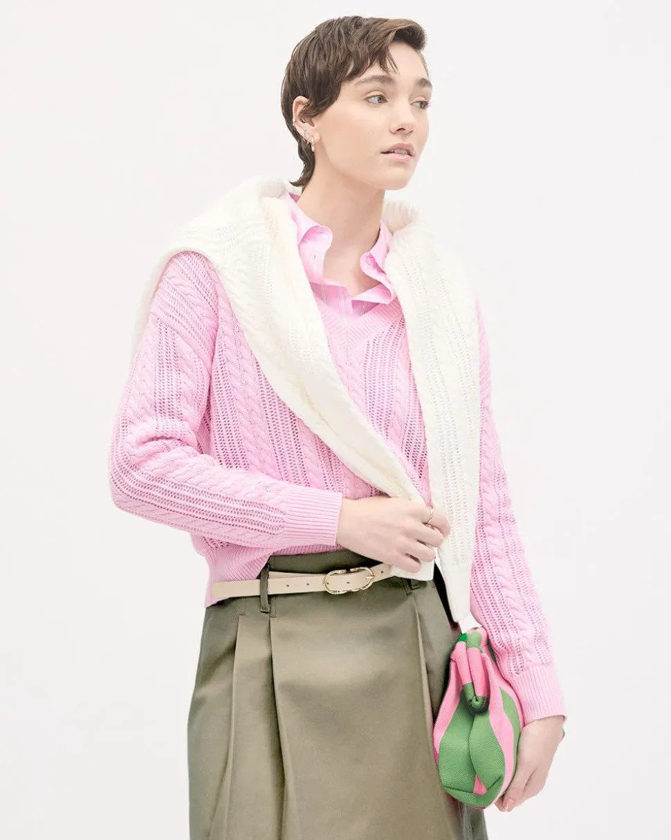 Long-Sleeve V-Neck Cable-Stitch Sweater