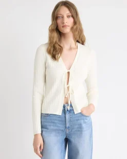 Long-Sleeve V-Neck Self-Tie Sweater in Fancy Stitches