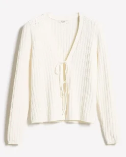 Long-Sleeve V-Neck Self-Tie Sweater in Fancy Stitches