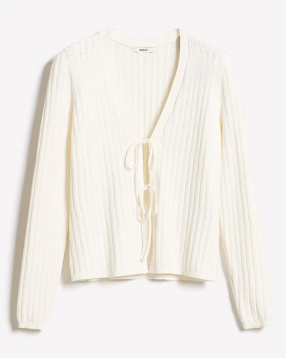 Long-Sleeve V-Neck Self-Tie Sweater in Fancy Stitches