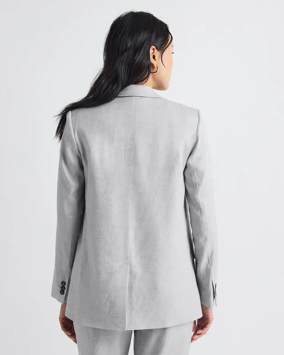 Loose One-Button Grey-Linen Blazer