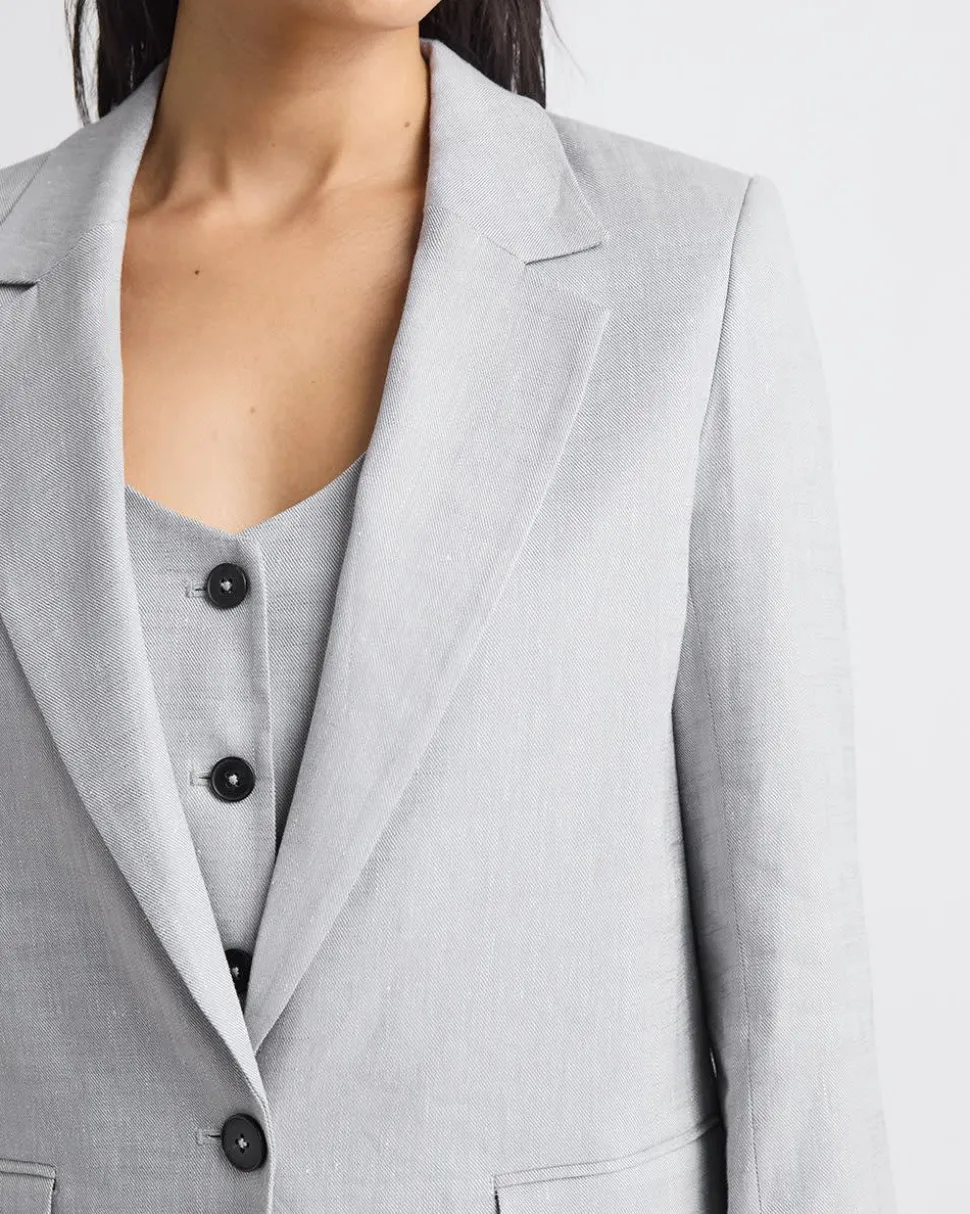 Loose One-Button Grey-Linen Blazer