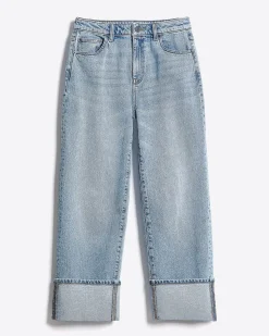 Medium-Wash Ultra-High-Rise Straight-Leg Jeans with Rolled Cuffs