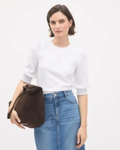 Mix-Media Crew-Neck Top with Puffy Elbow Sleeves