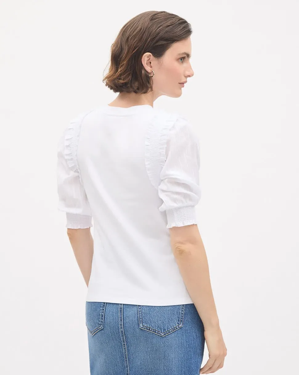 Mix-Media Crew-Neck Top with Puffy Elbow Sleeves