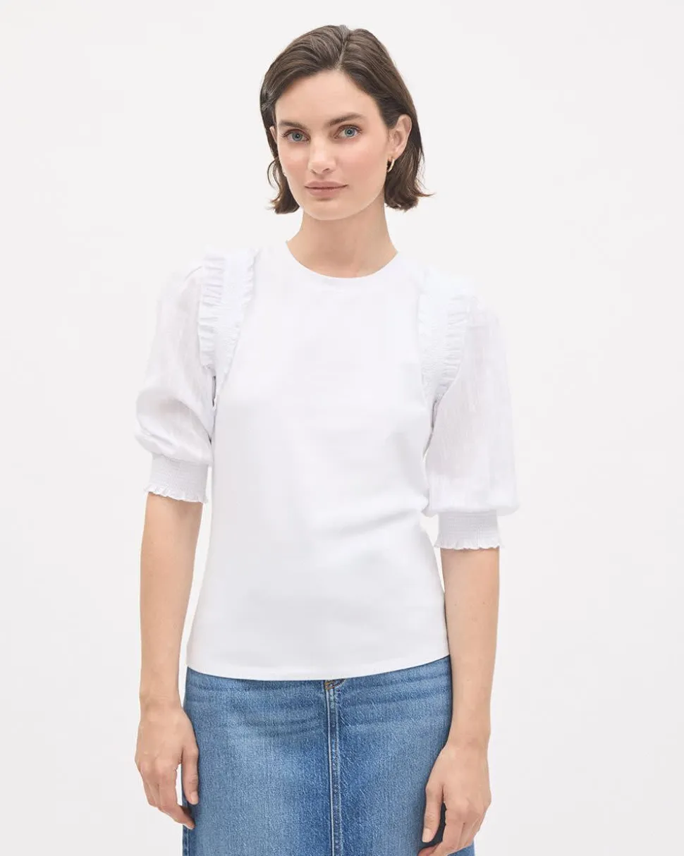 Mix-Media Crew-Neck Top with Puffy Elbow Sleeves