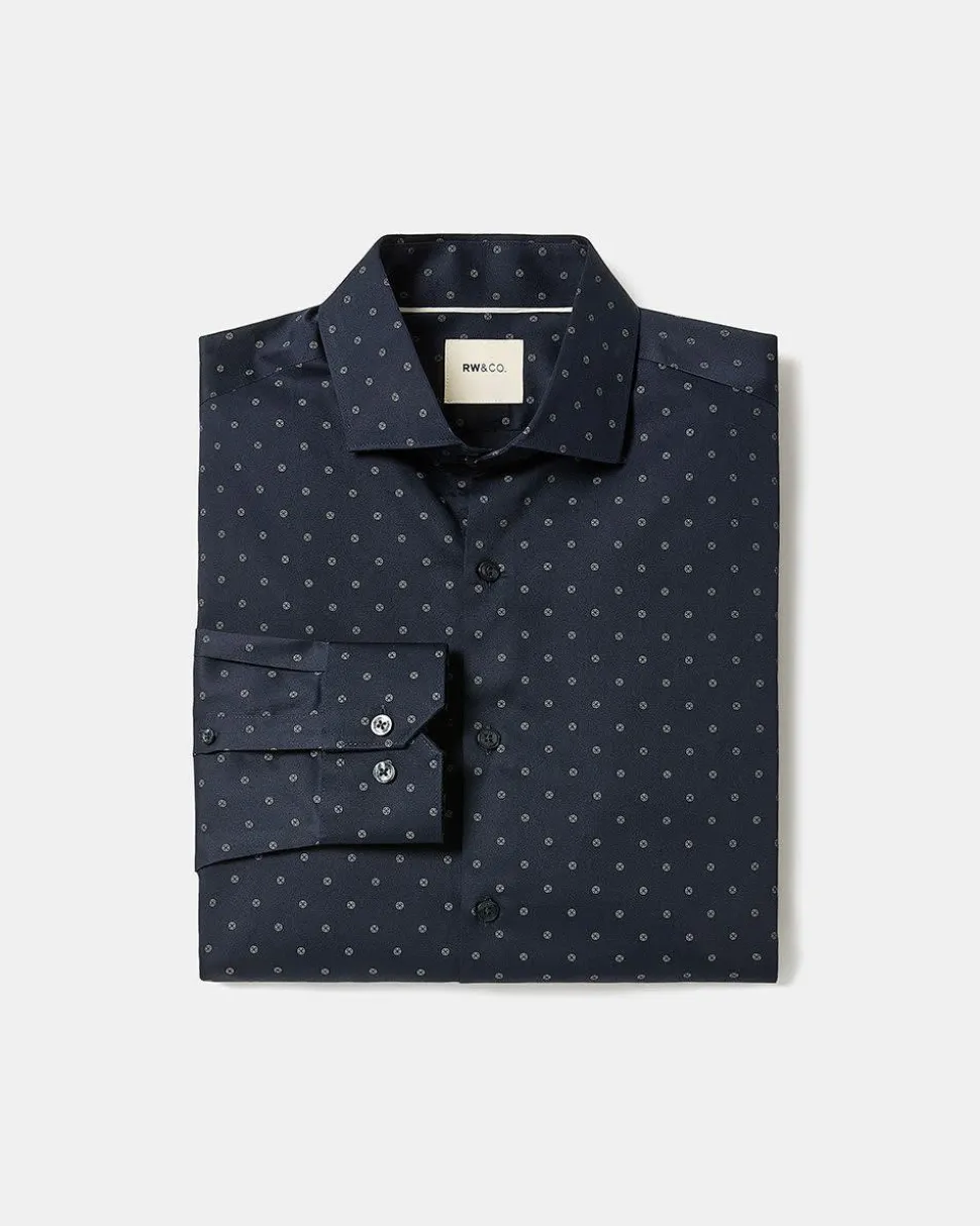 Navy Tailored-Fit Dress Shirt with Geo Pattern