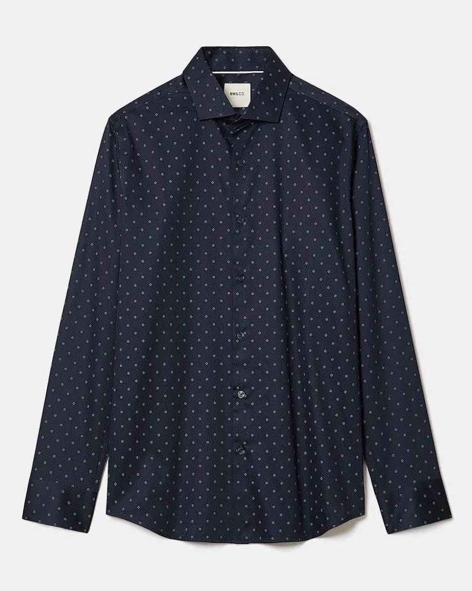 Navy Tailored-Fit Dress Shirt with Geo Pattern