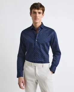 Navy Tailored-Fit Dress Shirt with Geo Pattern