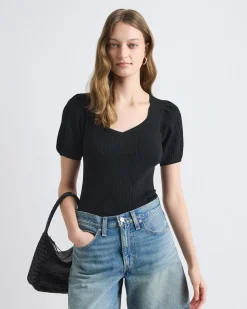 Puffy-Elbow-Sleeve Sweater with Sweetheart Neckline