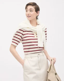 Puffy-Elbow-Sleeve V-Neck Striped Polo