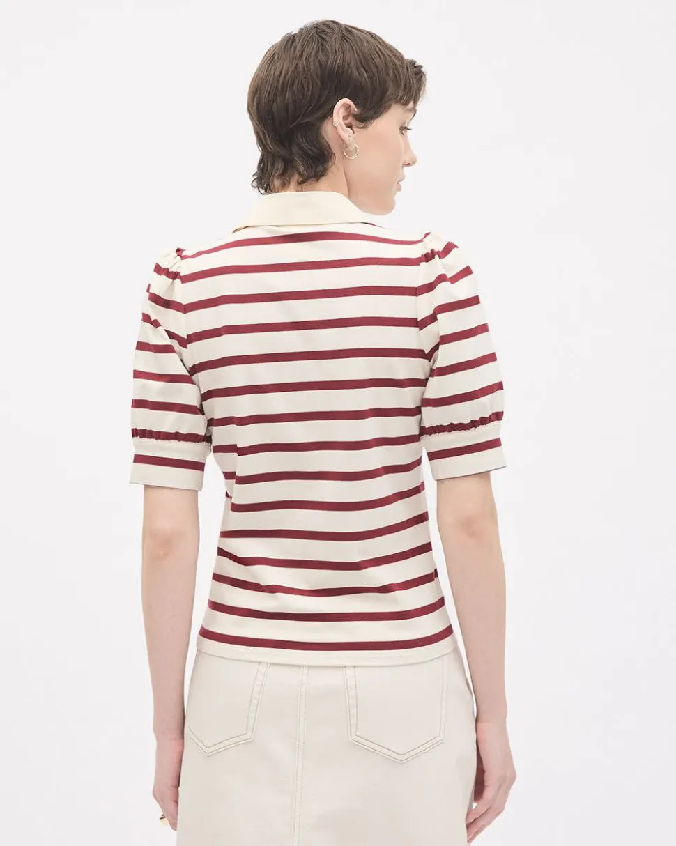 Puffy-Elbow-Sleeve V-Neck Striped Polo