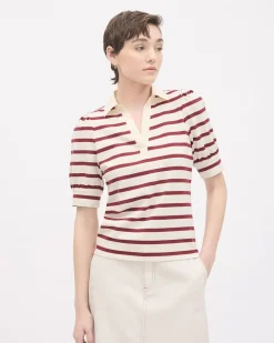Puffy-Elbow-Sleeve V-Neck Striped Polo