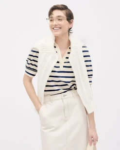 Puffy-Elbow-Sleeve V-Neck Striped Polo