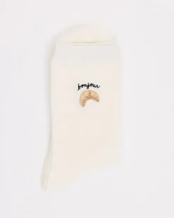 Ribbed Crew Socks with Croissant Embroidery