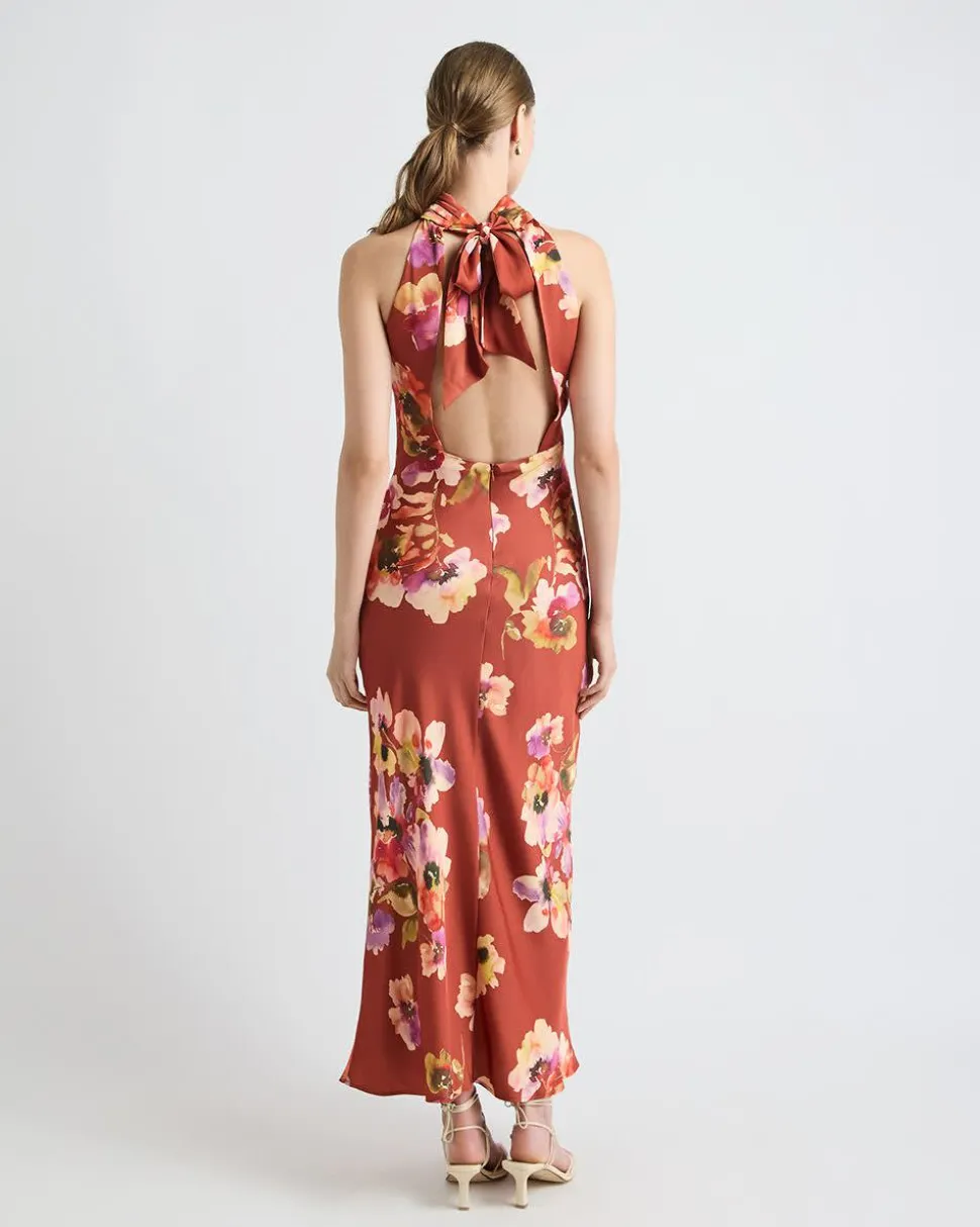 Satin Sleeveless Halter-Neck Midi Cocktail Dress