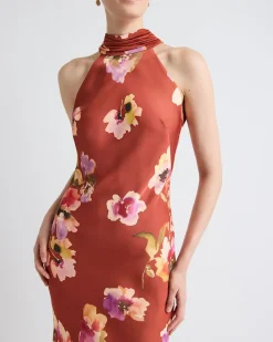Satin Sleeveless Halter-Neck Midi Cocktail Dress