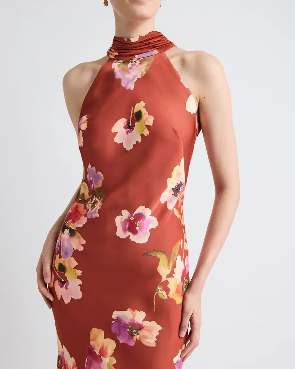 Satin Sleeveless Halter-Neck Midi Cocktail Dress