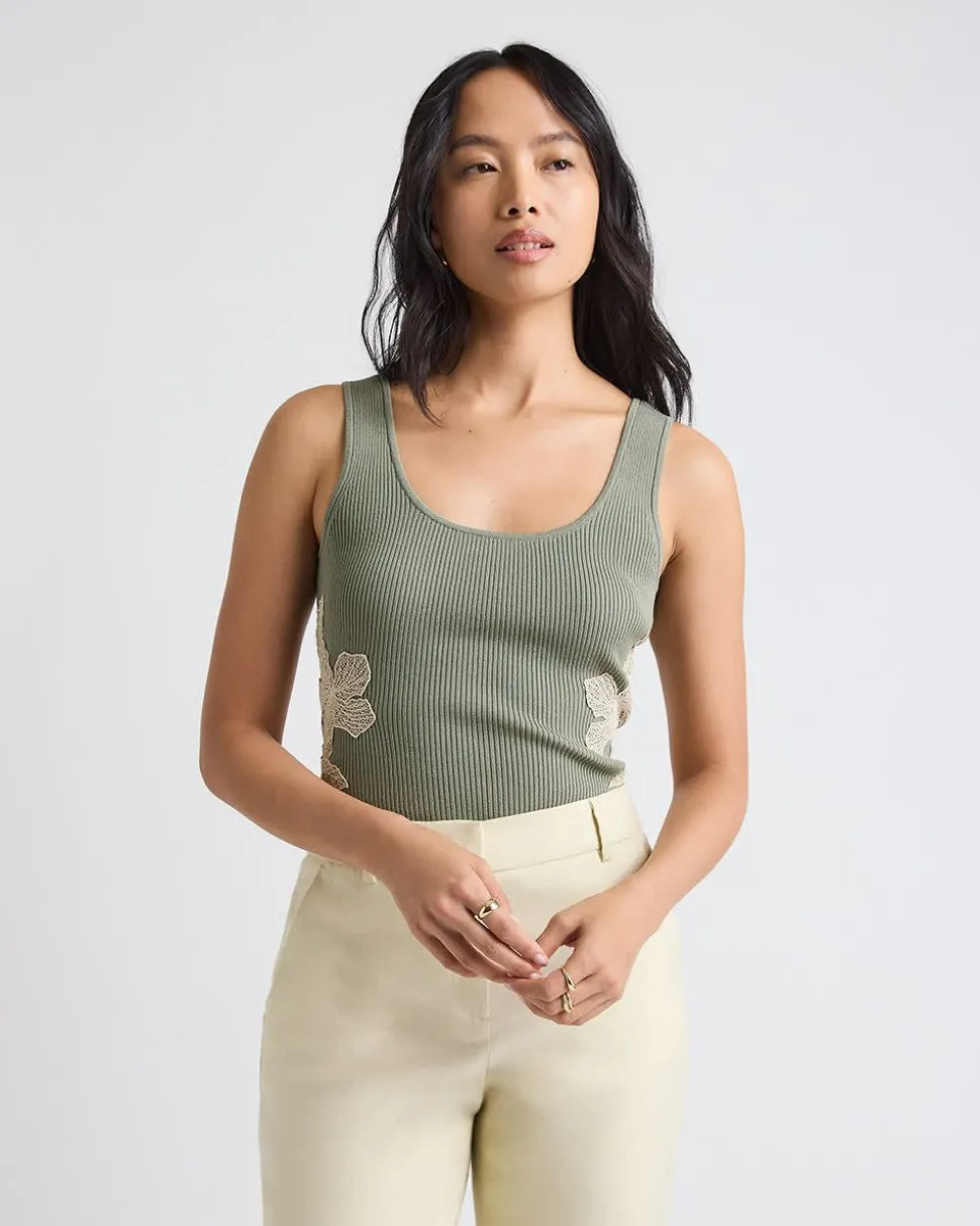 Scoop-Neck Ribbed Bodycon Tank with Flower Inserts