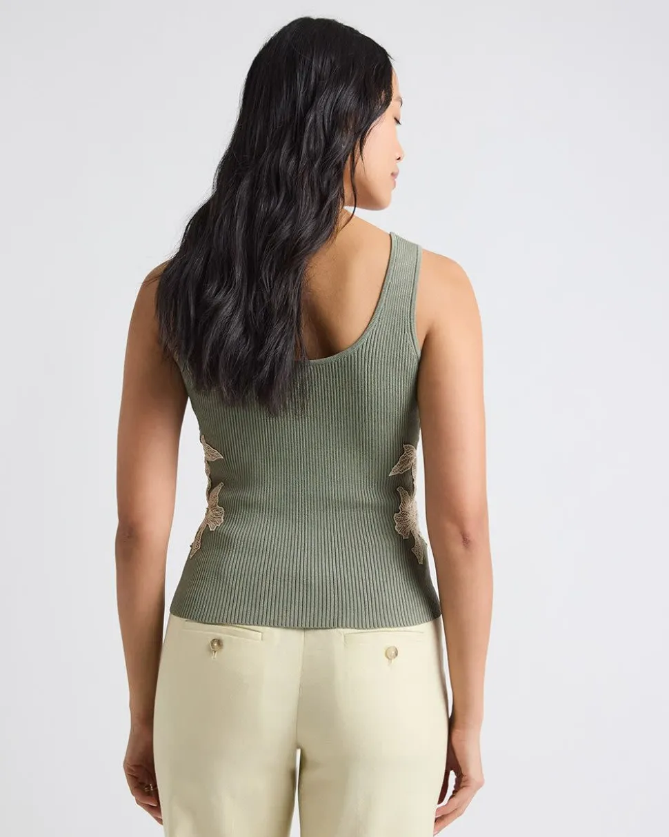 Scoop-Neck Ribbed Bodycon Tank with Flower Inserts