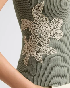 Scoop-Neck Ribbed Bodycon Tank with Flower Inserts