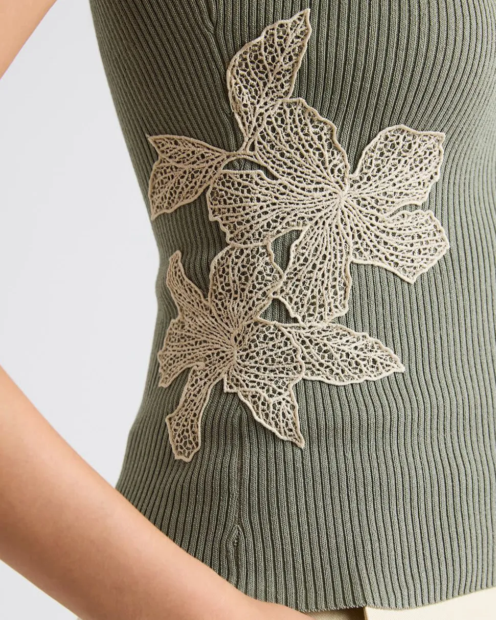 Scoop-Neck Ribbed Bodycon Tank with Flower Inserts
