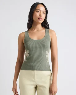 Scoop-Neck Ribbed Bodycon Tank with Flower Inserts