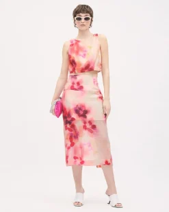 Sheer Pencil Midi Skirt with Floral Print