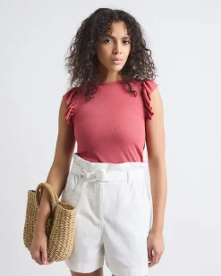 Short-Flutter-Sleeve Crew-Neck Top